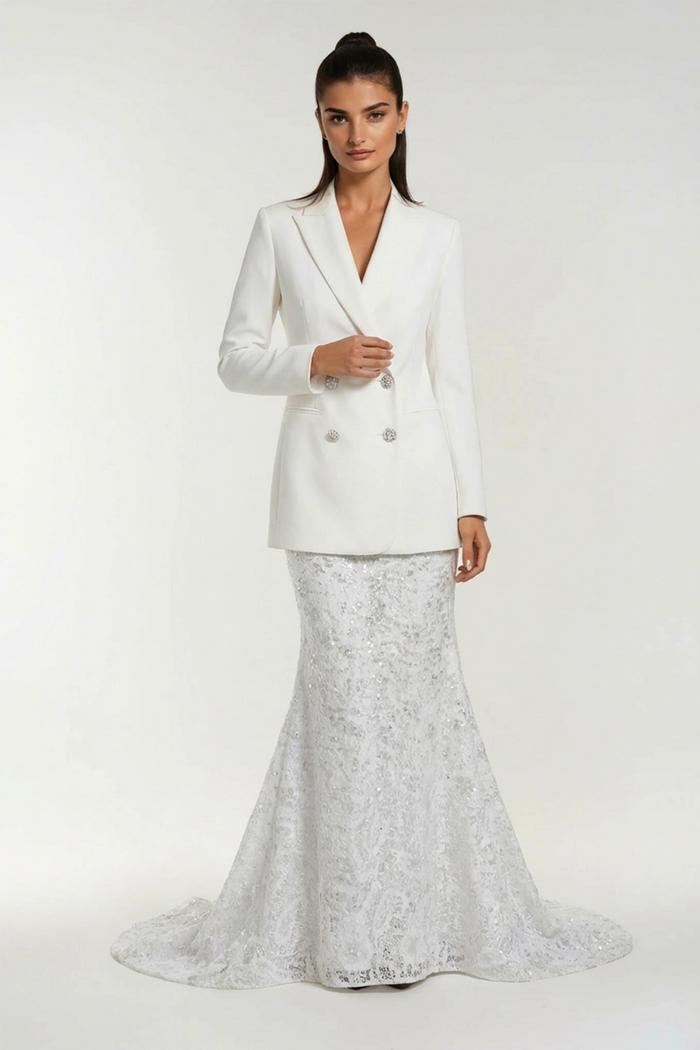 Durai Backless Double Breasted Crystal Skirt Set