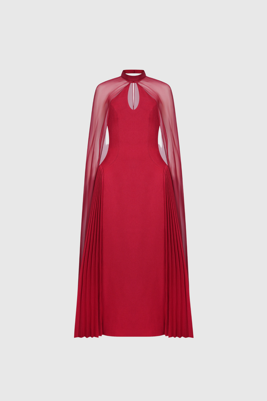 Dusana Pleated Mesh Shawl Maxi Dress