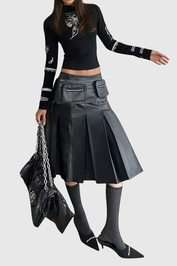 Dvorah Pocket Leather Midi Skirt