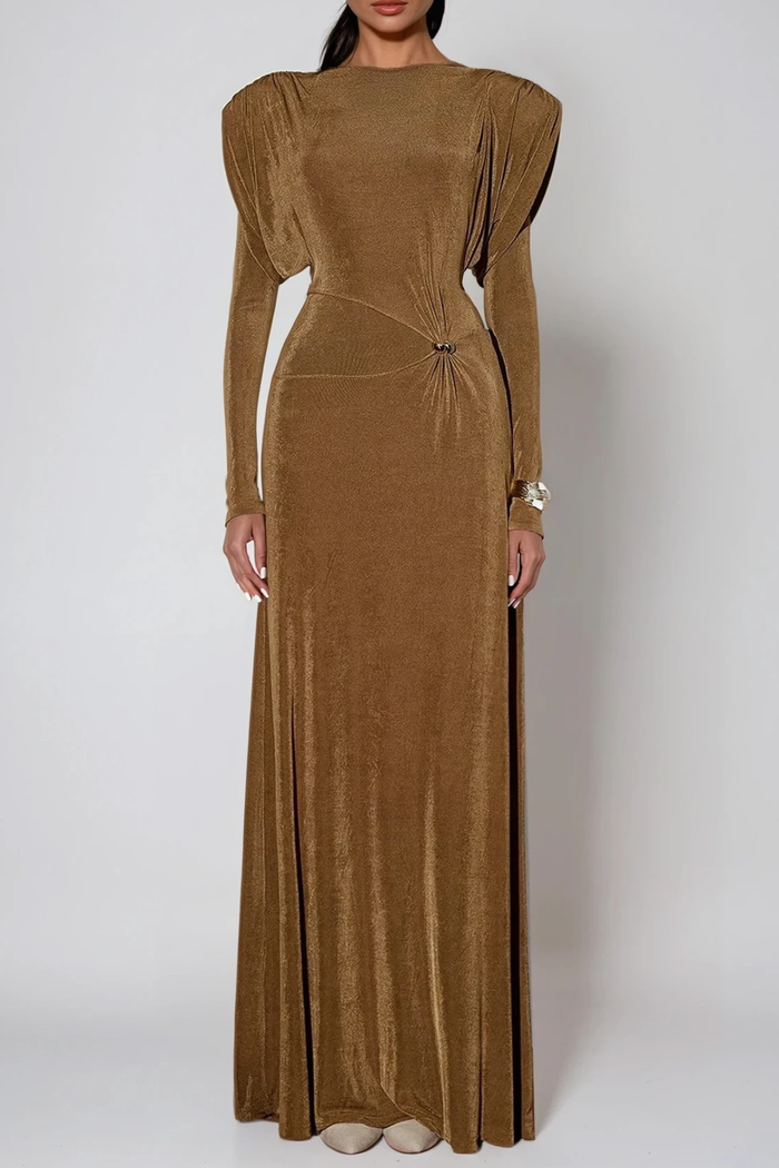 Dymphna Asymmetric Ruch Maxi Dress In Brown