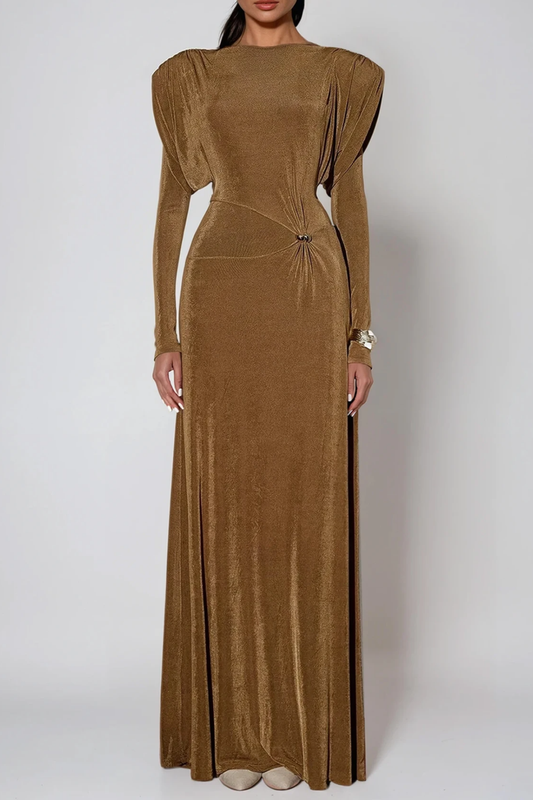 Dymphna Asymmetric Ruch Maxi Dress In Brown