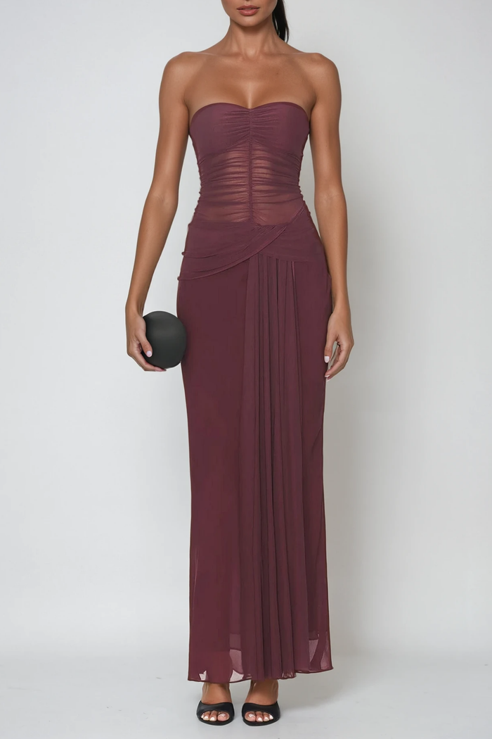Dzmitry Strapless Ruch Mesh Maxi Dress