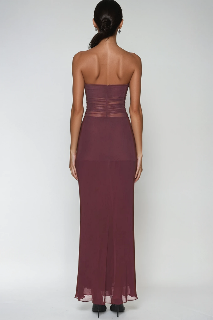 Dzmitry Strapless Ruch Mesh Maxi Dress