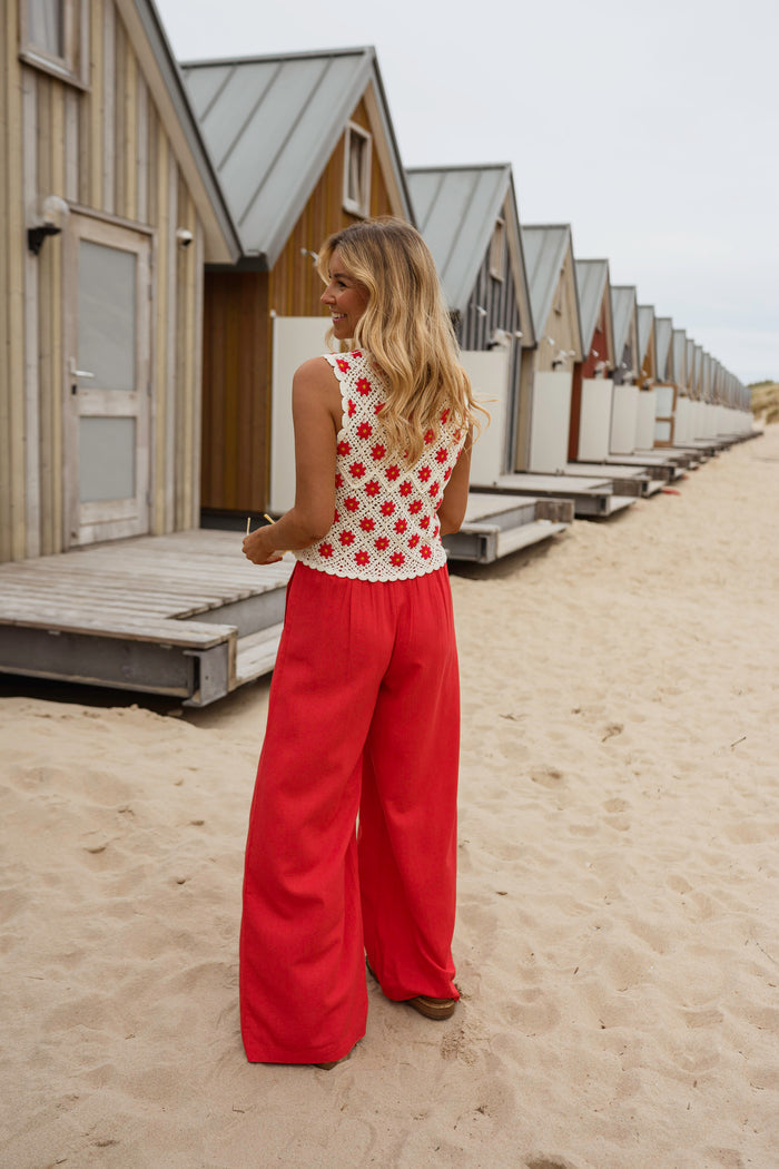 Ecru And Red Crochet Marcella Top