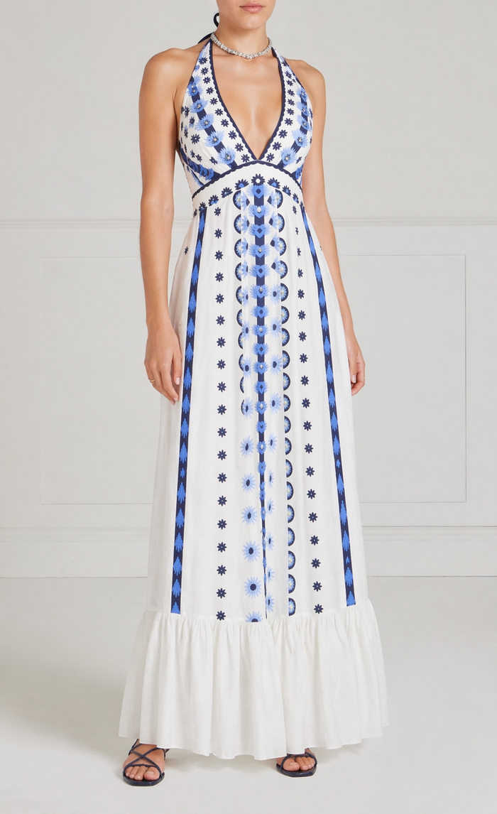 Edith Halter Dress - White & Blue