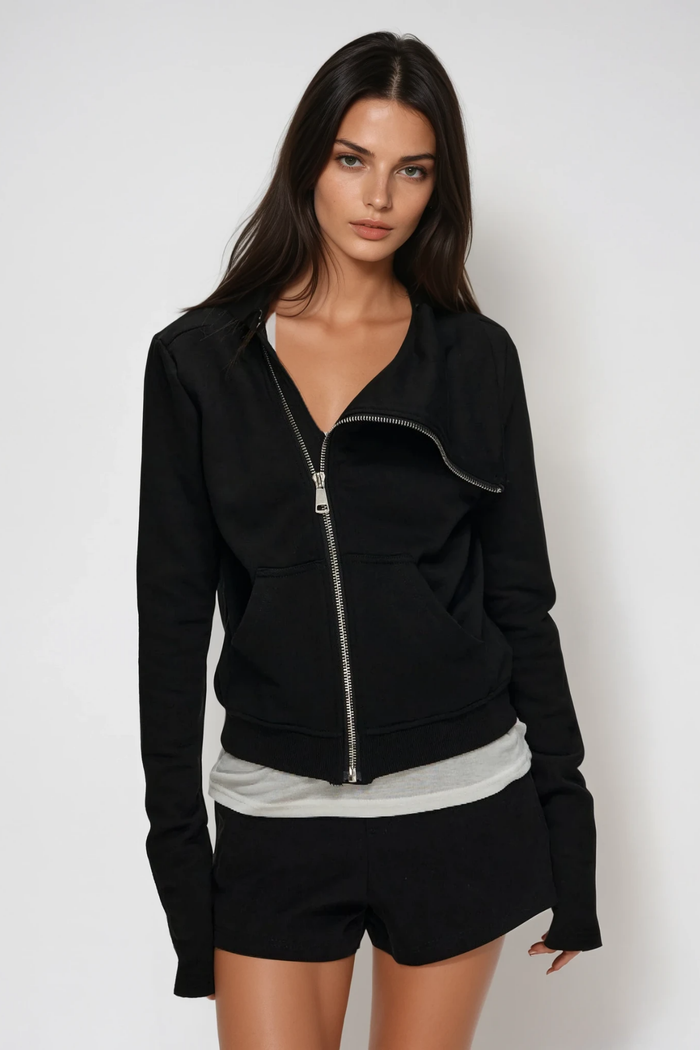 Edvards Asymmetric Zipper Hooded Jacket In Black