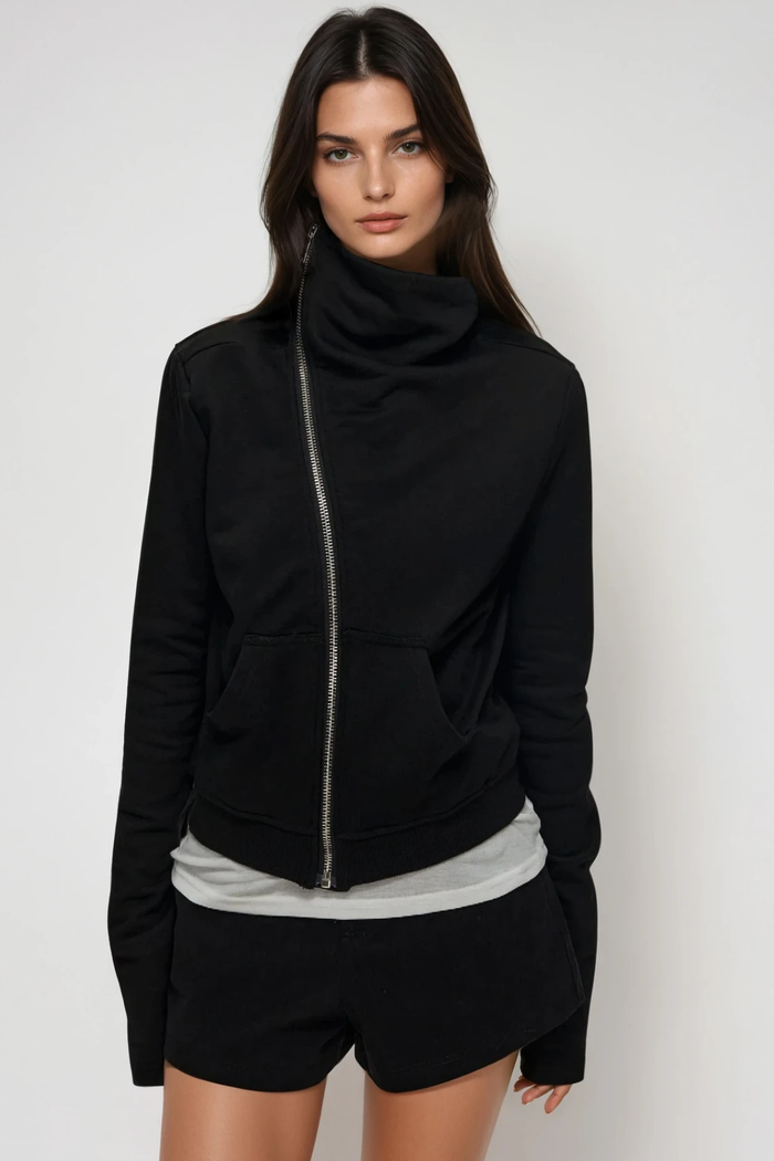 Edvards Asymmetric Zipper Hooded Jacket In Black