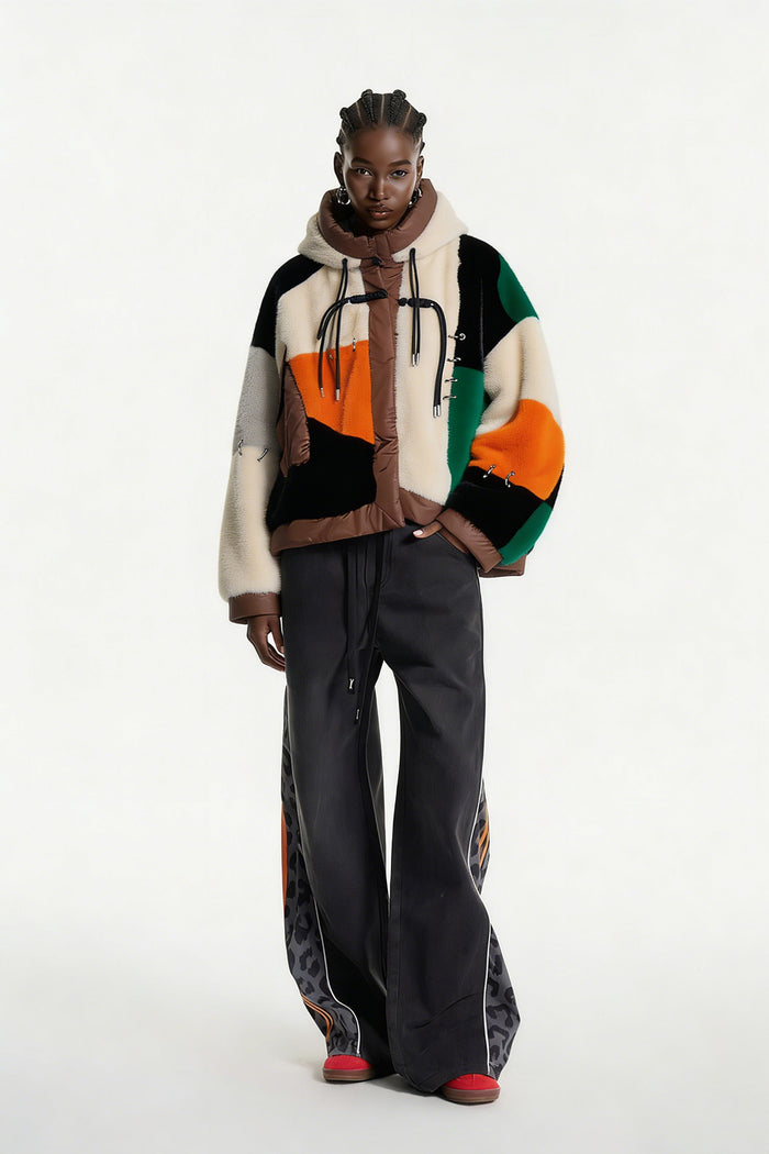 Eemeli Faux Fur Deconstruct Colorblock Jacket In Apricot