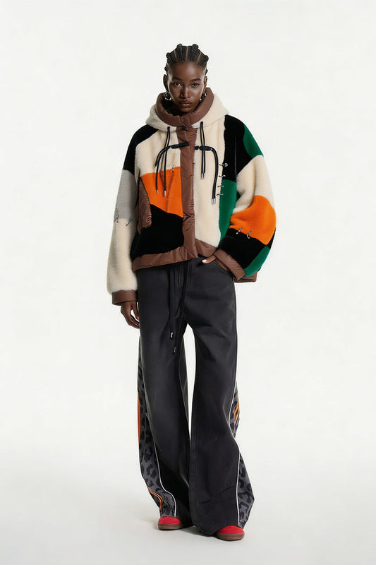 Eemeli Faux Fur Deconstruct Colorblock Jacket In Apricot