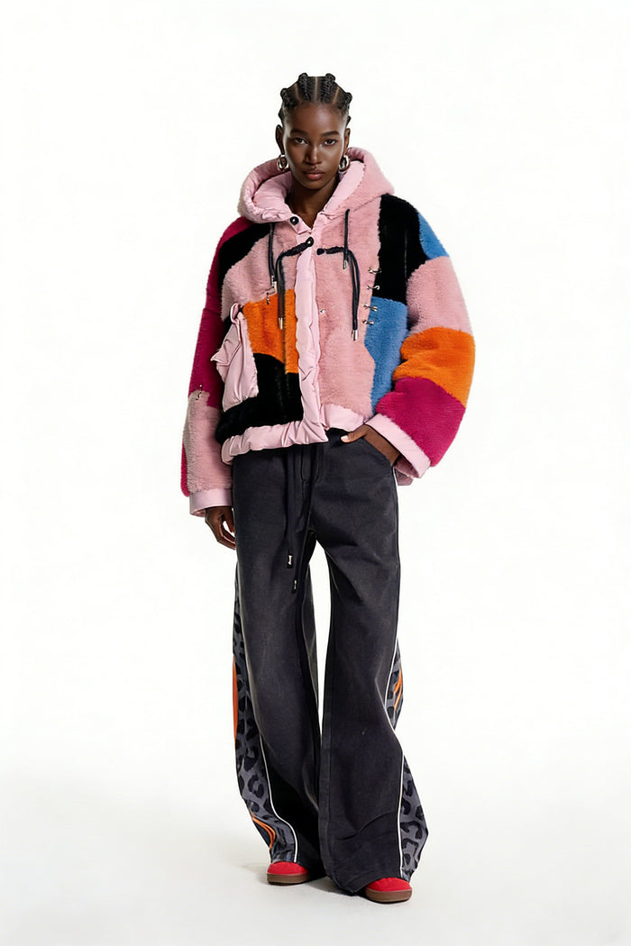 Eemeli Faux Fur Deconstruct Colorblock Jacket In Pink