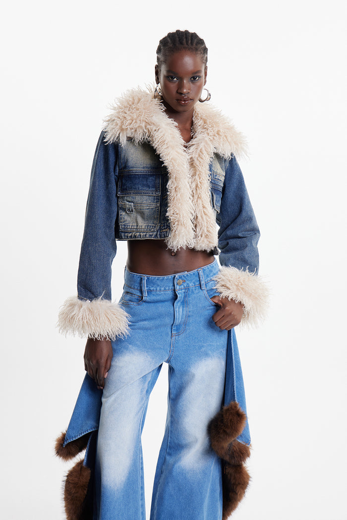 Elaheh Faux Fur Crop Denim Jacket