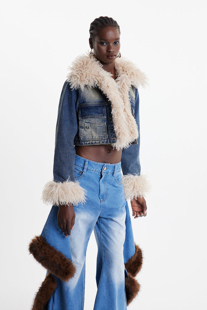 Elaheh Faux Fur Crop Denim Jacket
