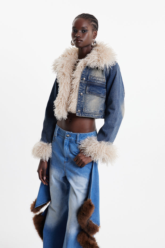 Elaheh Faux Fur Crop Denim Jacket