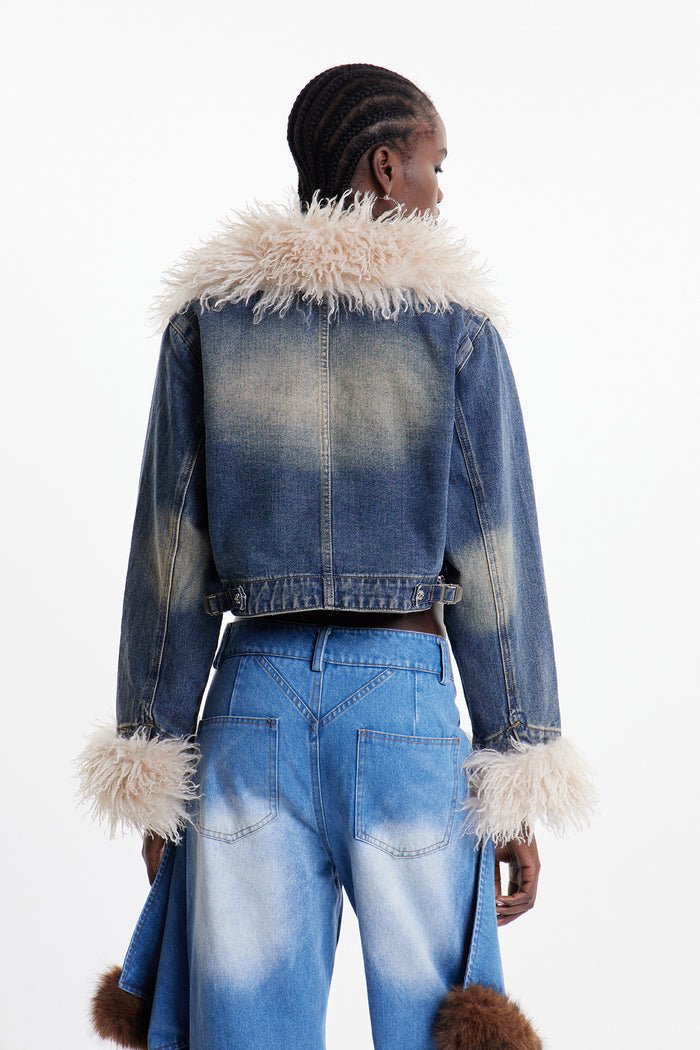 Elaheh Faux Fur Crop Denim Jacket