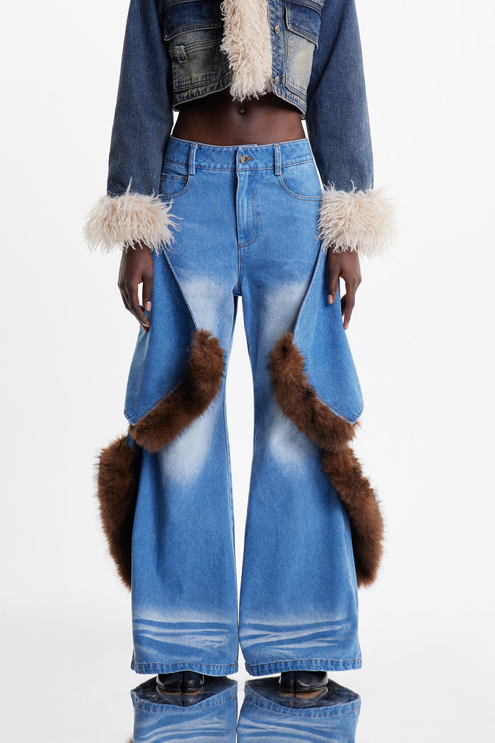 Elain Deconstruct Faux Fur Wide Leg Jeans