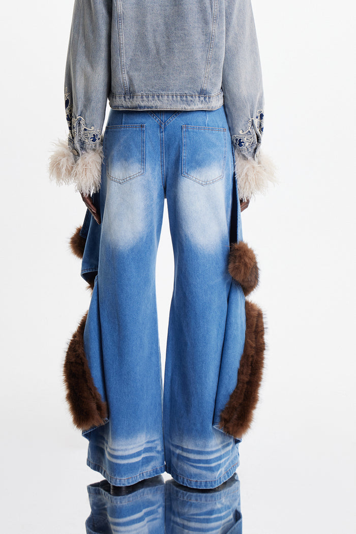 Elain Deconstruct Faux Fur Wide Leg Jeans
