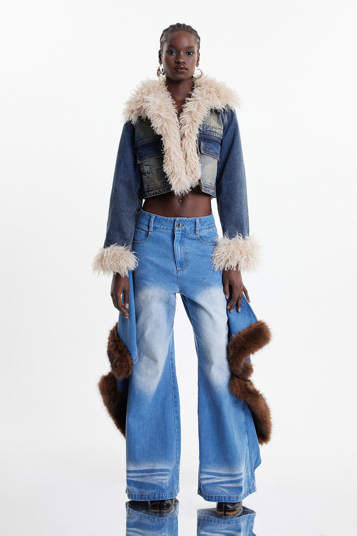 Elain Deconstruct Faux Fur Wide Leg Jeans