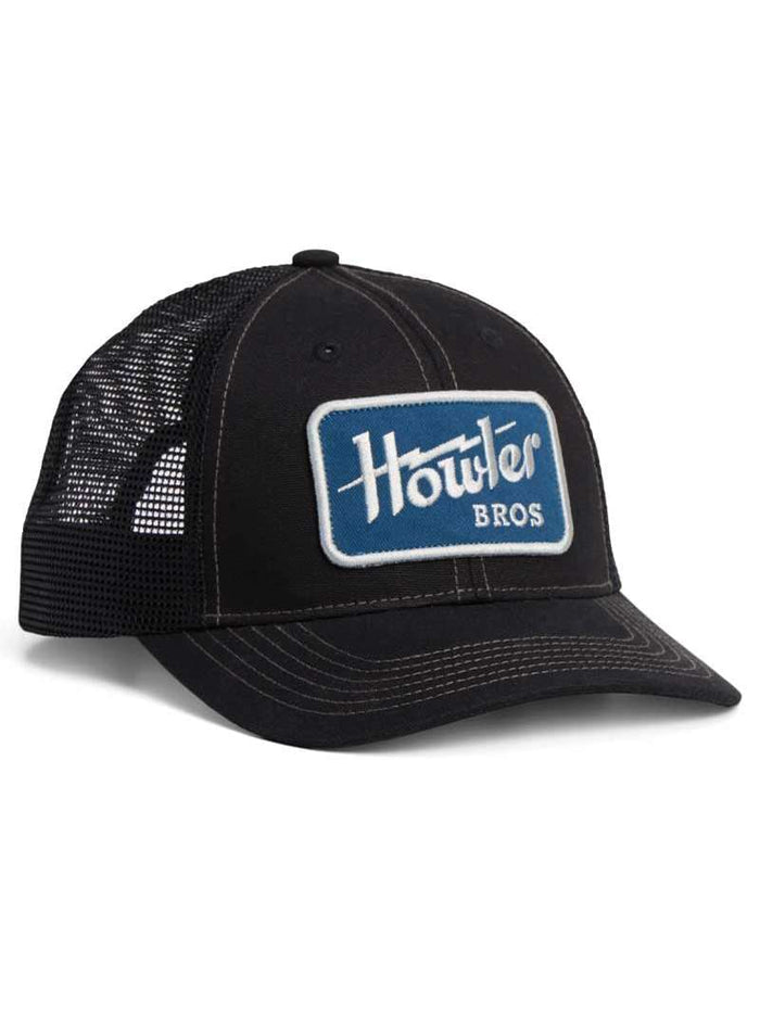 Black trucker hat with blue Howler Bros patch on front and mesh back.
