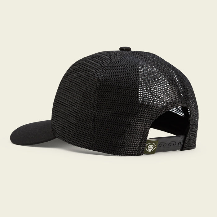 Back view of black mesh Howler trucker hat with adjustable snapback