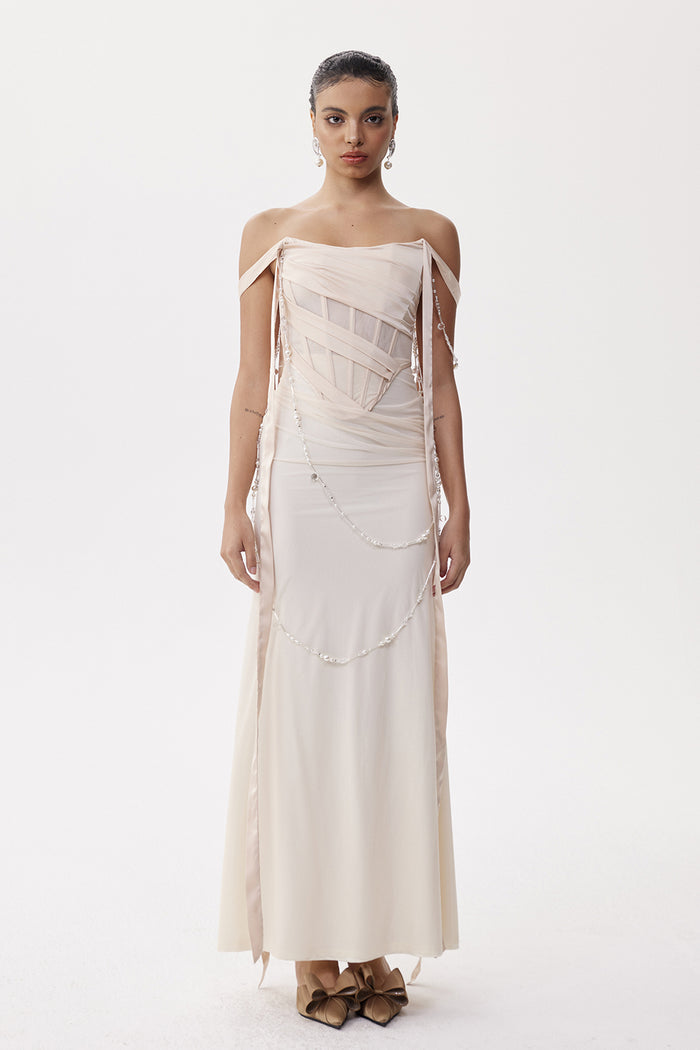 Eleftherios Corset Pearl Chain Maxi Dress