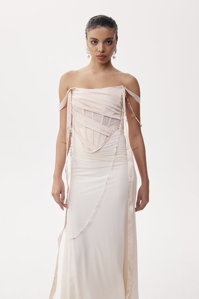 Eleftherios Corset Pearl Chain Maxi Dress
