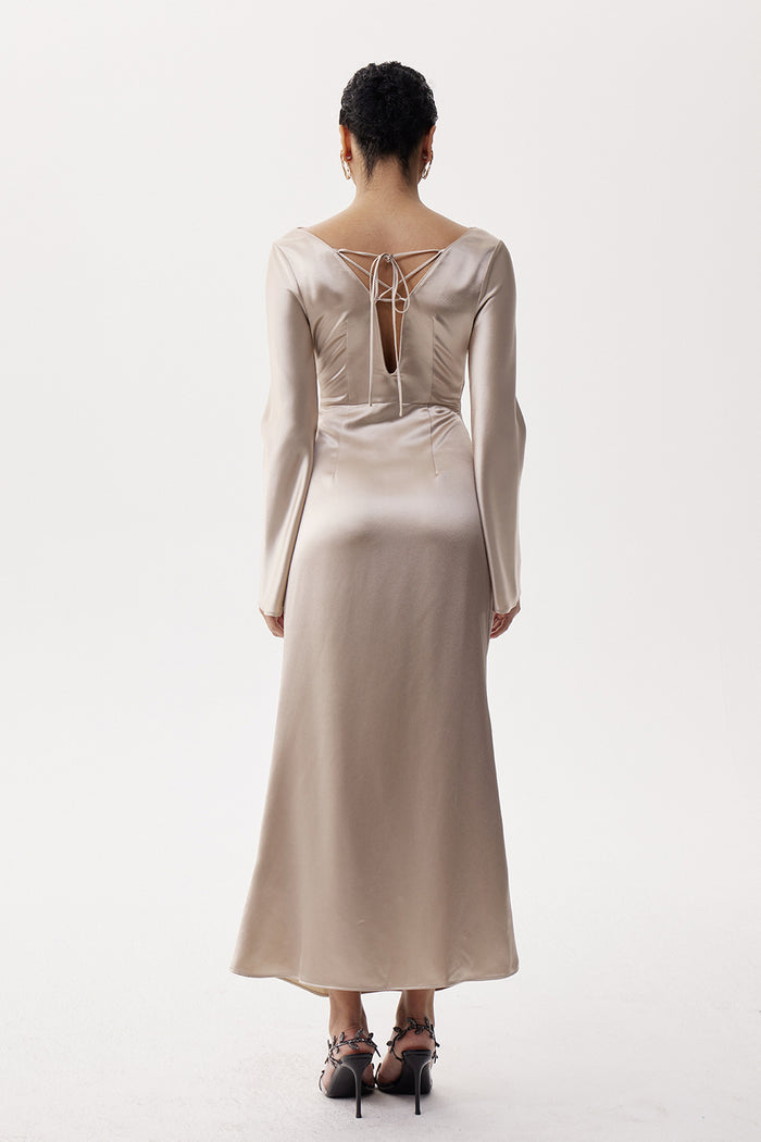 Eleonora Asymmetric Ruch Satin Maxi Dress