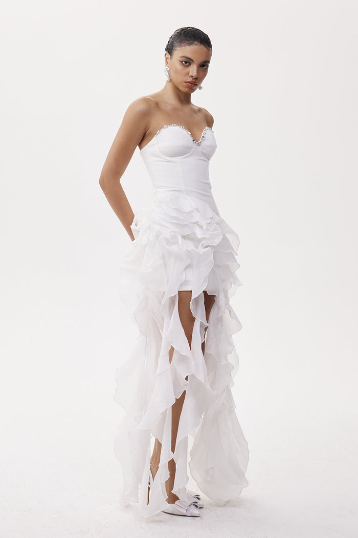 Eleonore Crystal Ruffle Fringe Mini Dress In White