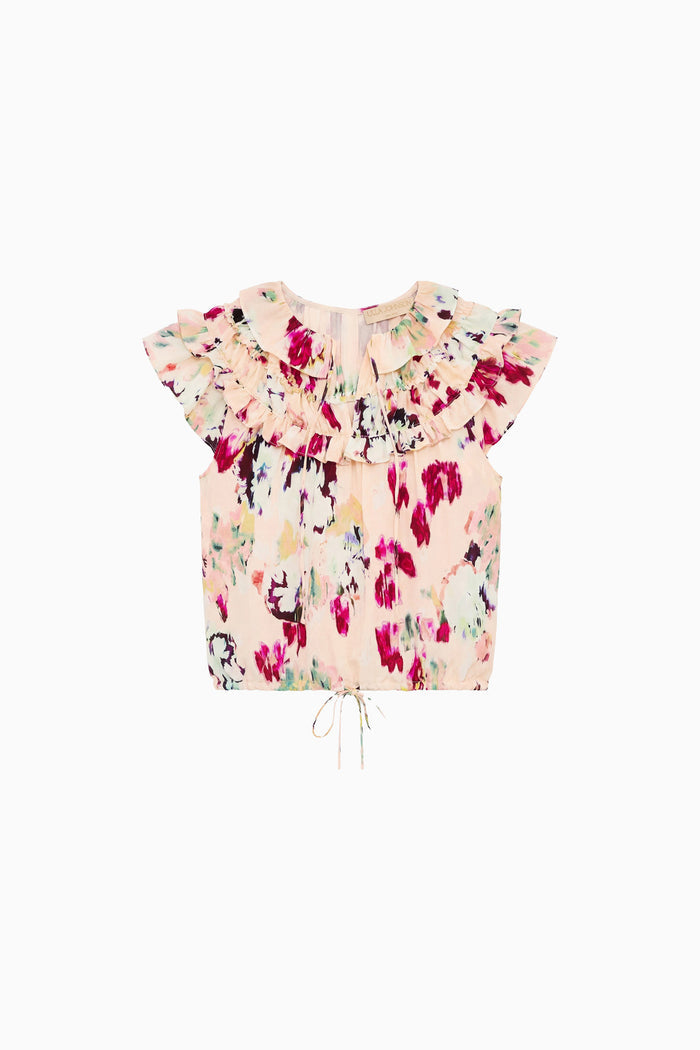 Blush Ikat Floral Silk Cropped Top - Flat Lay, Designer Ruffle Blouse | Ulla Johnson
