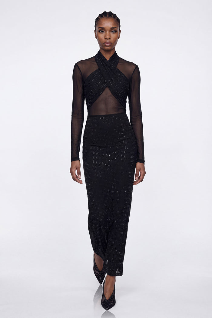 Elis Rhinestone Mesh Maxi Dress