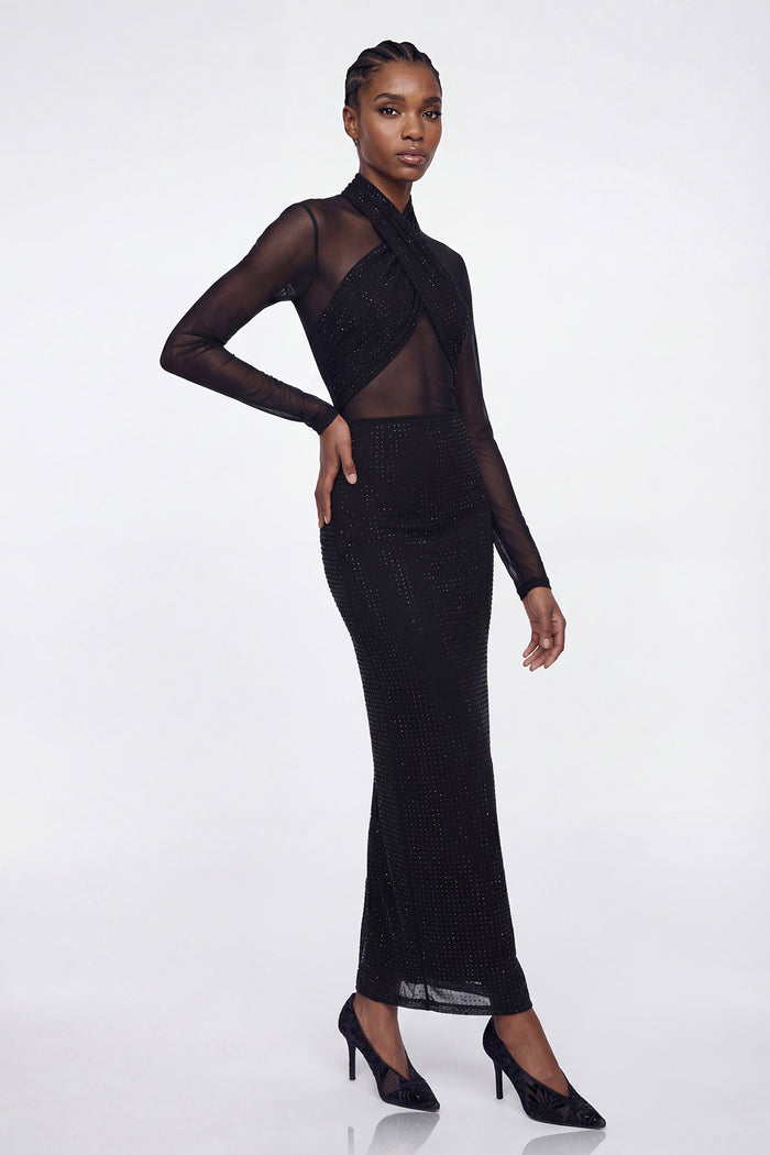 Elis Rhinestone Mesh Maxi Dress