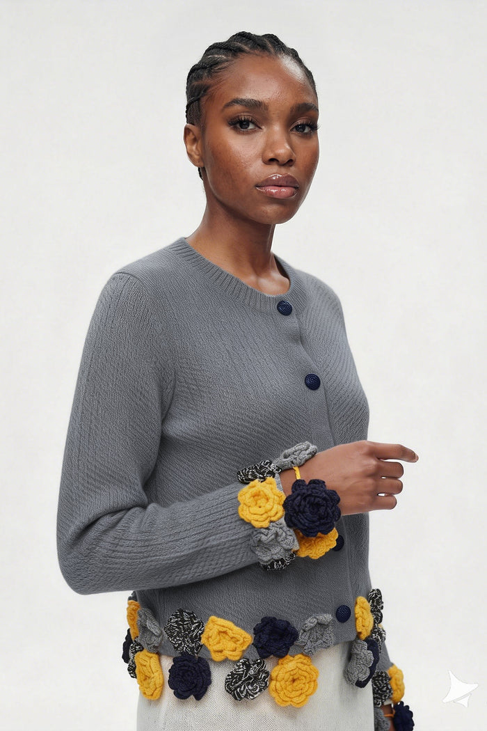 Elisabed Cochet Flower Knit Jacket In Grey