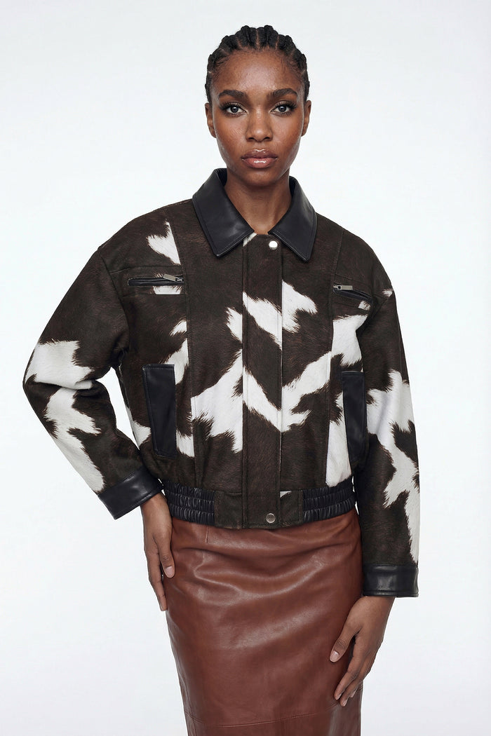 Elisabeta Cow Print Leather Jacket