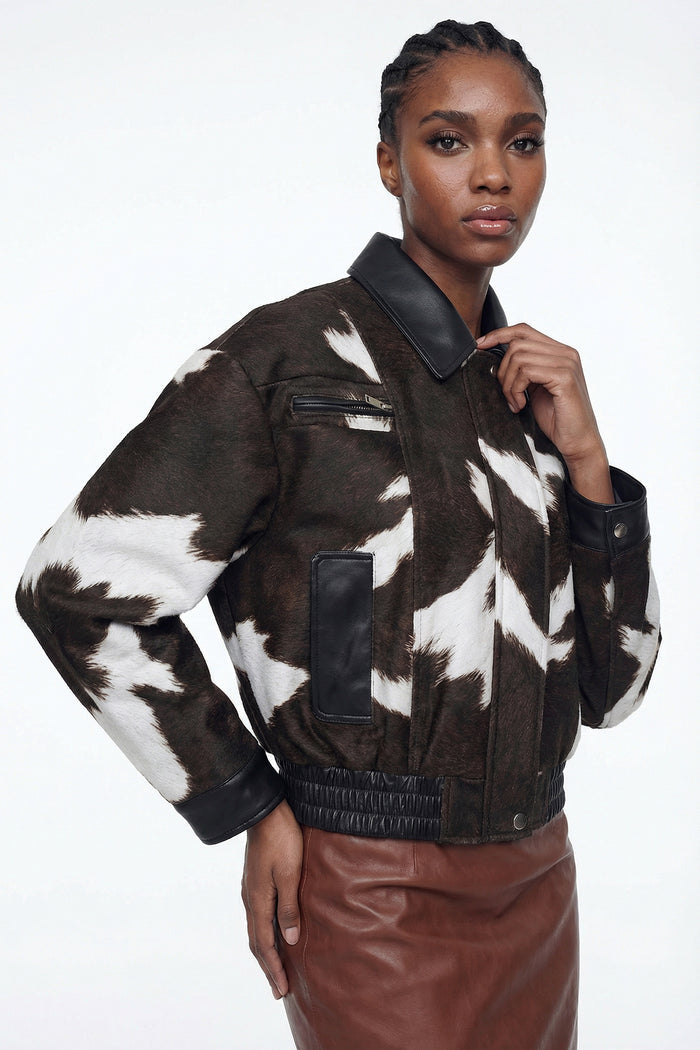 Elisabeta Cow Print Leather Jacket