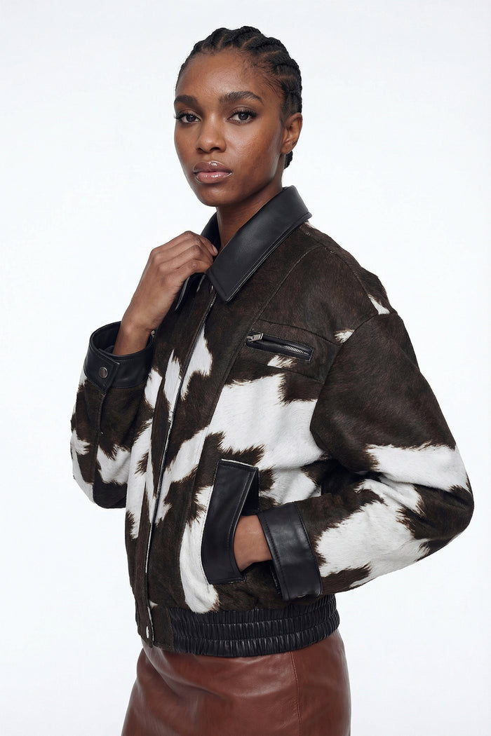 Elisabeta Cow Print Leather Jacket