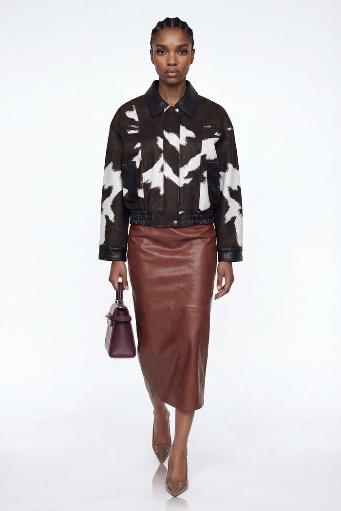 Elisabeta Cow Print Leather Jacket