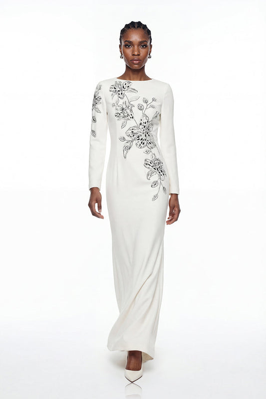 Elisie Flower Embroidered Crystal Maxi Dress