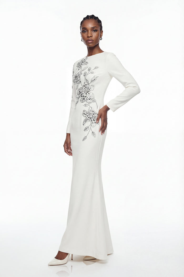 Elisie Flower Embroidered Crystal Maxi Dress