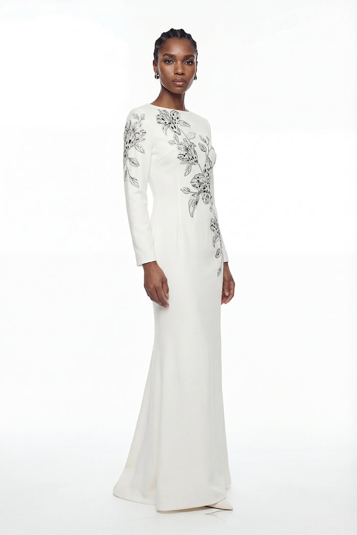 Elisie Flower Embroidered Crystal Maxi Dress