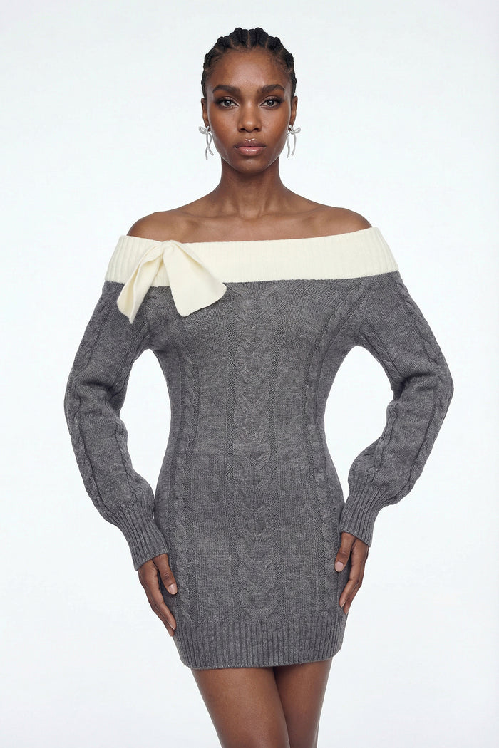 Eliso Off Shoulder Bow Knit Dress In Grey