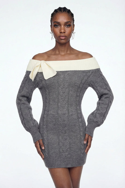 Eliso Off Shoulder Bow Knit Dress In Grey