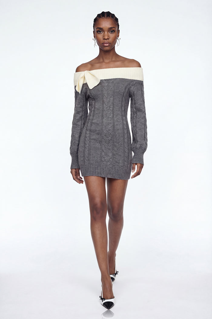 Eliso Off Shoulder Bow Knit Dress In Grey