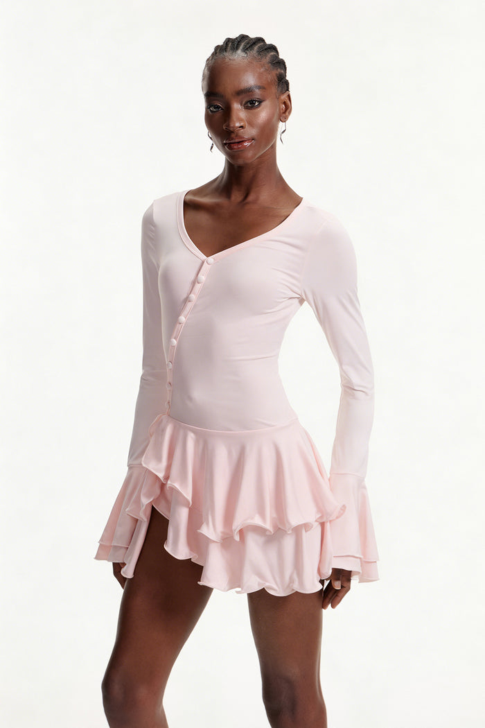 Ellington Asymmetric Button Ruffle Mini Dress In Pink