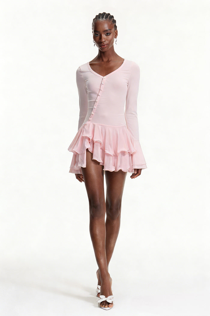 Ellington Asymmetric Button Ruffle Mini Dress In Pink