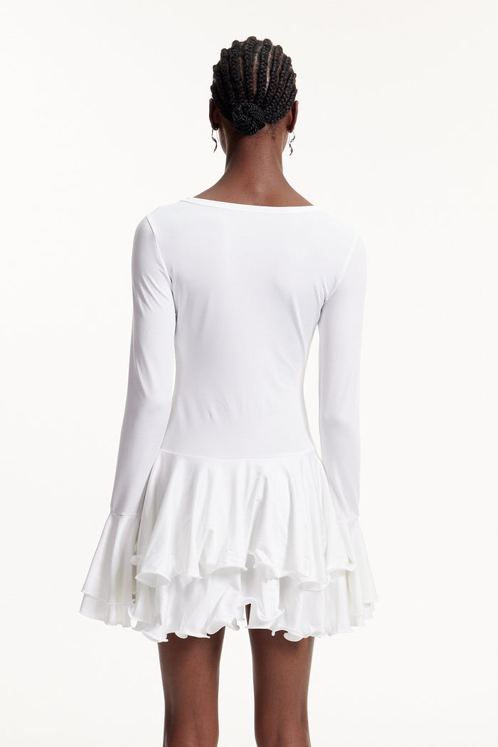 Ellington Asymmetric Button Ruffle Mini Dress In White