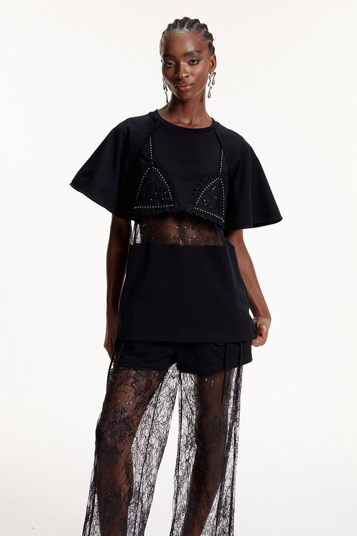 Elliott Lace Cutout T Shirt In Black