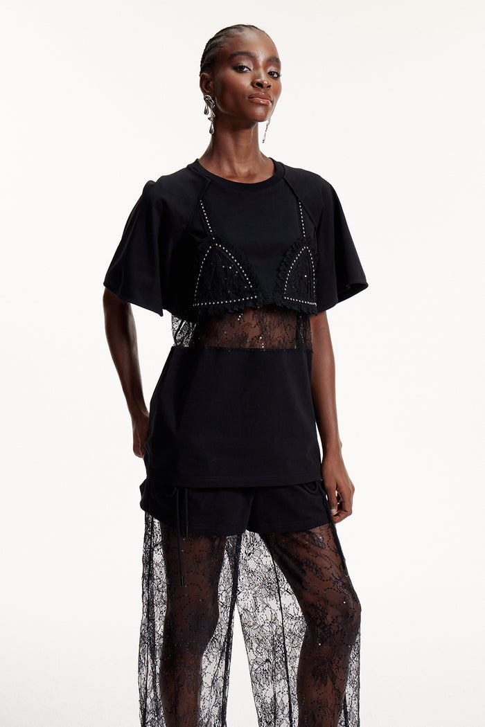 Elliott Lace Cutout T Shirt In Black