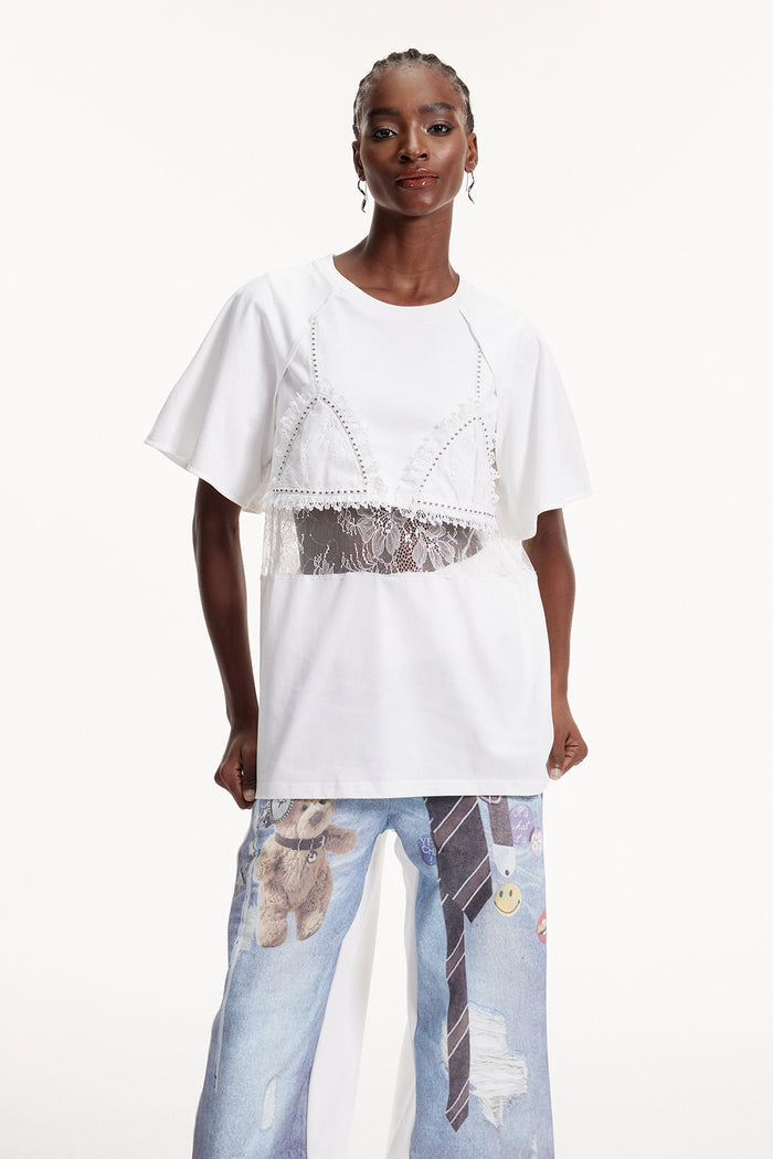 Elliott Lace Cutout T Shirt In White