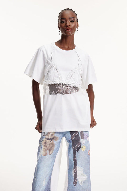 Elliott Lace Cutout T Shirt In White