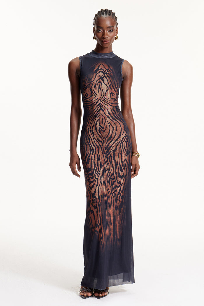 Elo Asymmetric Stripe Mesh Maxi Dress
