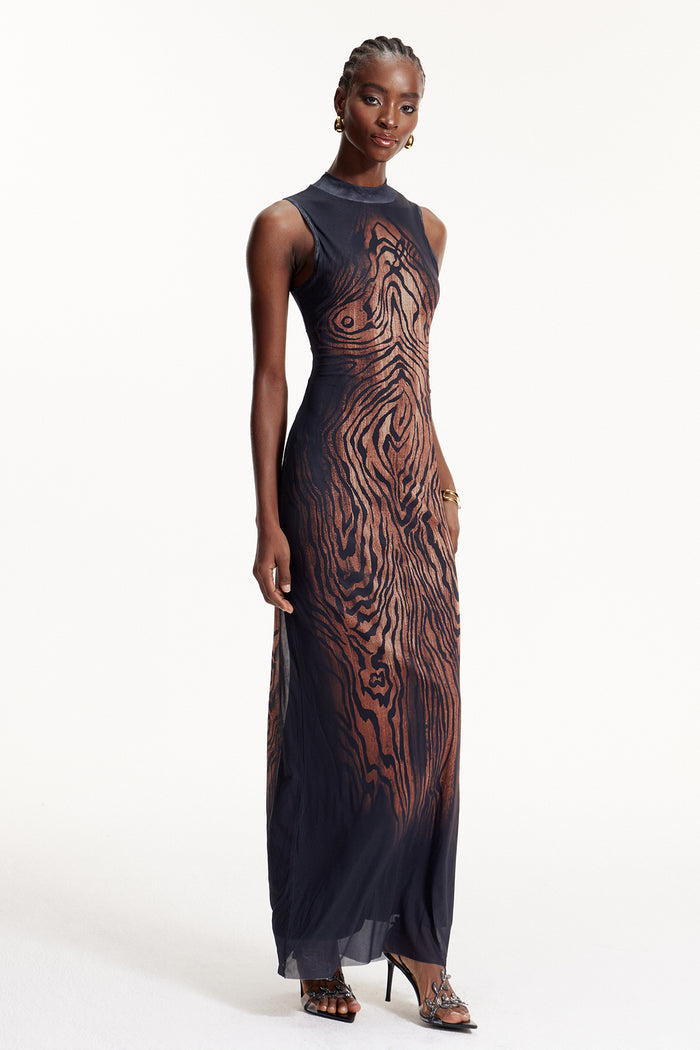 Elo Asymmetric Stripe Mesh Maxi Dress